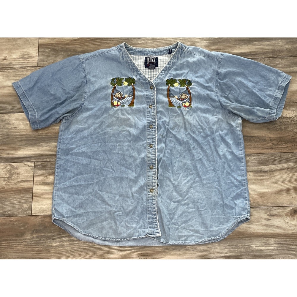 Vtg Quizz Jeans Denim Shirt Women 24 Short Sleeve Button Up‎ Beach Bear Hammock